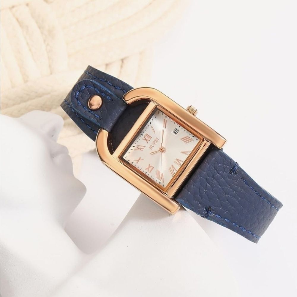 🩵⏭️NIB Blue Leather Strap Horseshoe Shaped Square Case Quartz Watch
